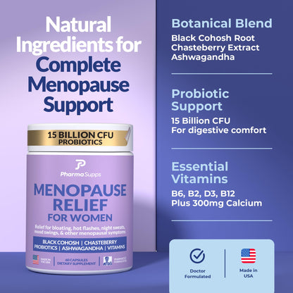 Natural Menopause Supplements for Women - Perimenopause Supplements for Hormonal Balance, Bloating & Mood Swings | Hot Flashes Menopause Relief w/Probiotics & Prebiotics, Black Cohosh & Chasteberry PharmaSuppsBuy Supplements Australia