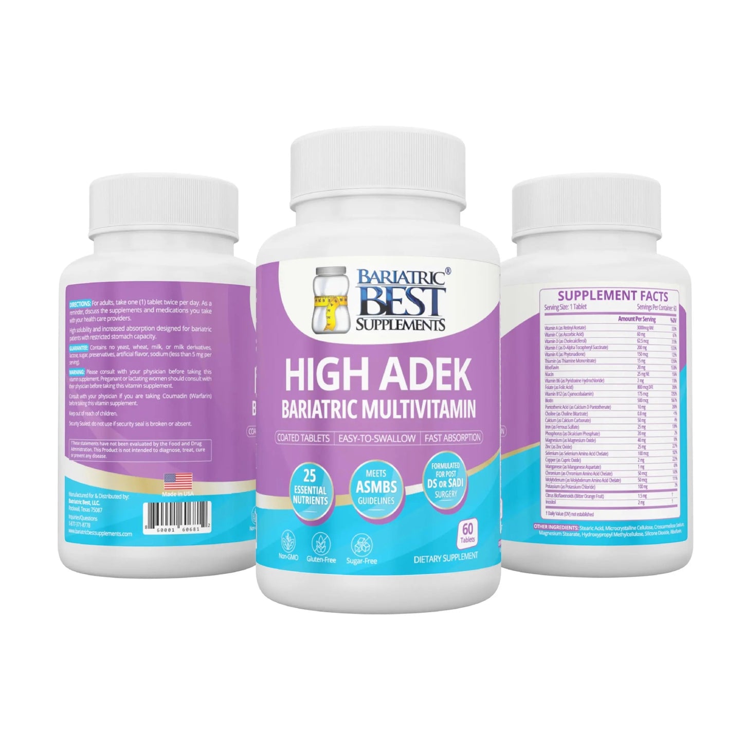 High A D E K Bariatric Multivitamin for Post DS/SADI Surgery, 25 Essential Nutrients for Post-Weight Loss Surgery, 60 Tablets Bariatric Best Supplements