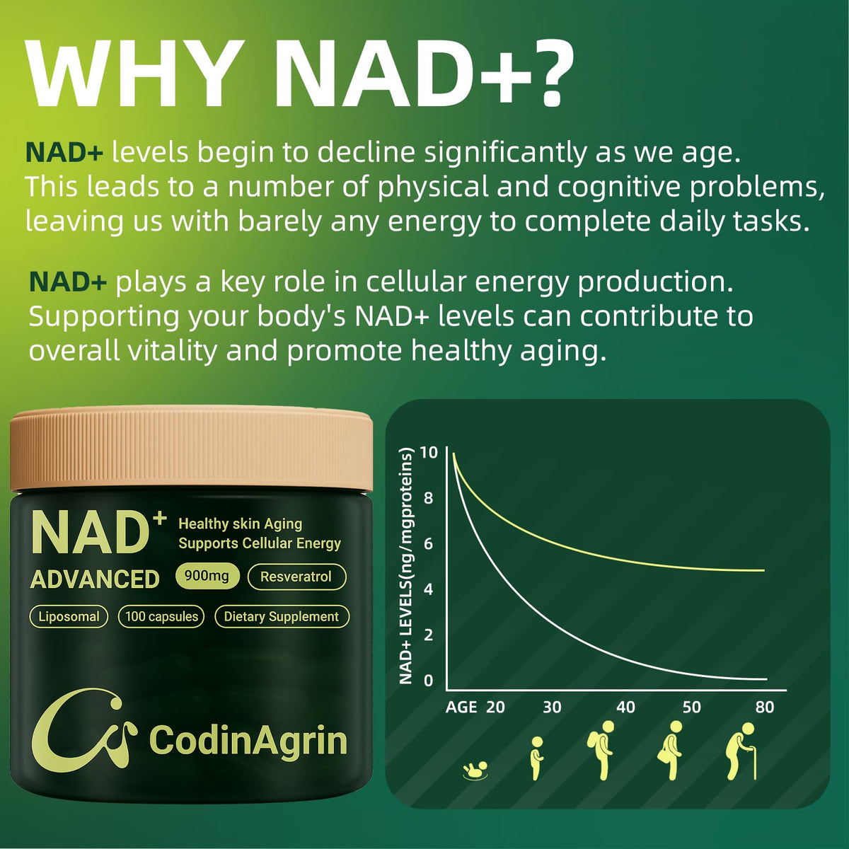 CodinAgrin NAD+ Supplement with Resveratrol 900mg Nicotinamide Adenine Dinucleotide Complex for Cellular Energy Repair, Anti-Aging & Mental Clarity Support, Non-GMO, Vegetarian Friendly, 100 Capsules CodinAgrinBuy Supplements Australia