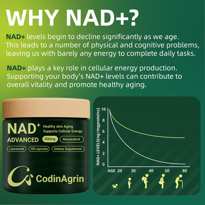 CodinAgrin NAD+ Supplement with Resveratrol 900mg Nicotinamide Adenine Dinucleotide Complex for Cellular Energy Repair, Anti-Aging & Mental Clarity Support, Non-GMO, Vegetarian Friendly, 100 Capsules CodinAgrinBuy Supplements Australia