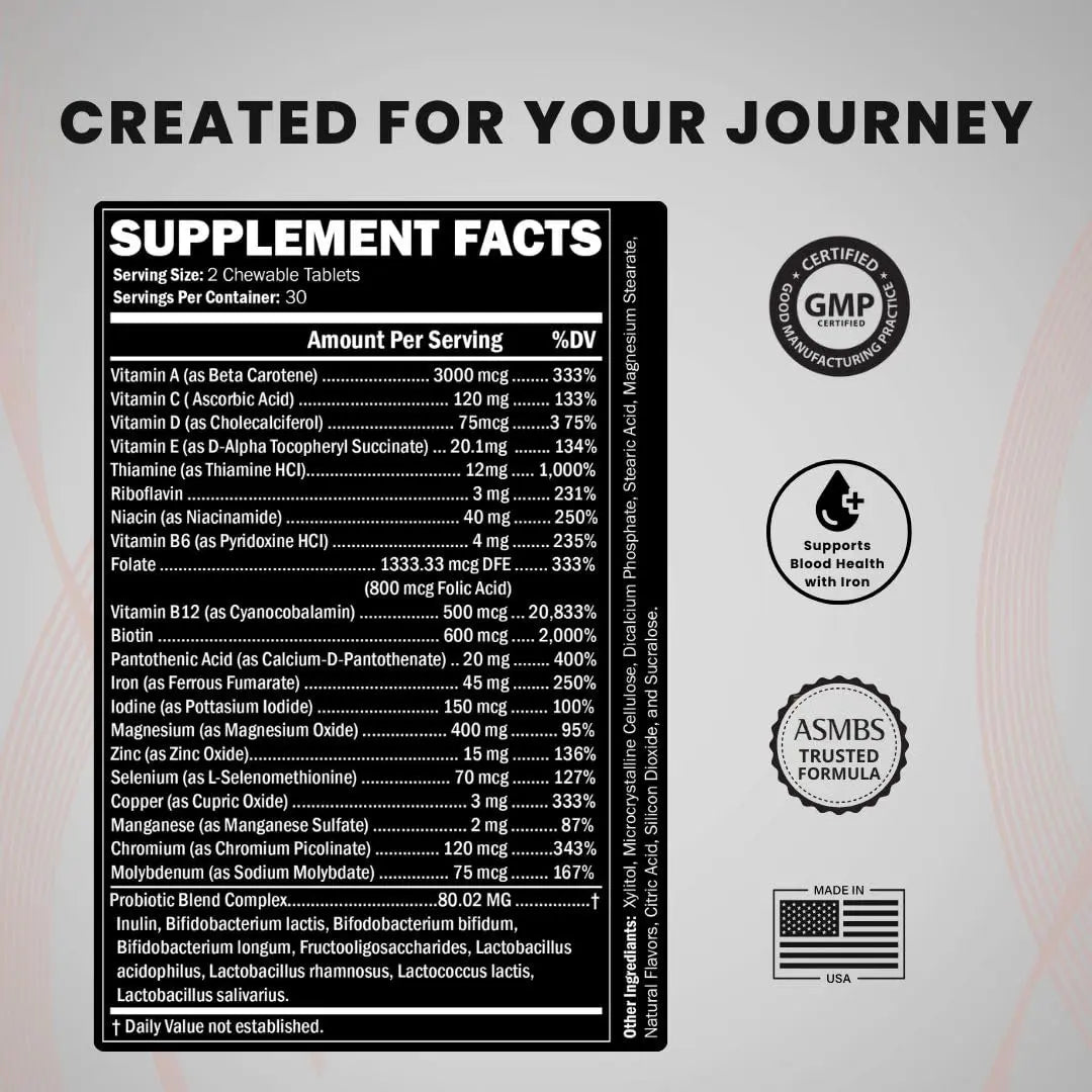 Journey Bariatric Multivitamin with Probiotics & Iron – Chewable, Berry (60 Count) Journey Bariatric Vitamins
