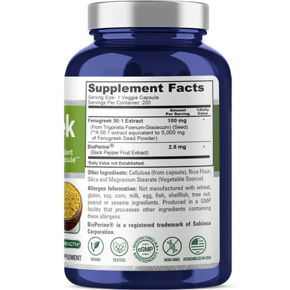 NusaPure Fenugreek Capsules, 50:1 Extract, 100 mg Equivalent to 5,000mg, 200 Veggie Caps, Non-GMO, Vegan NusaPureBuy Supplements Australia