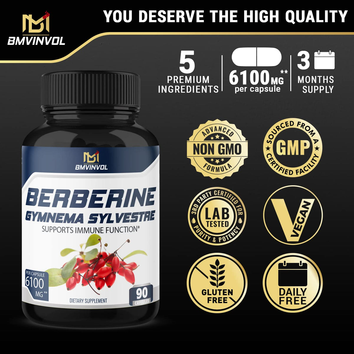 BMVINVOL 5-in-1 Berberine Supplement 6100mg with Ceylon Cinnamon, Gymnema BMVINVOLBuy Supplements Australia