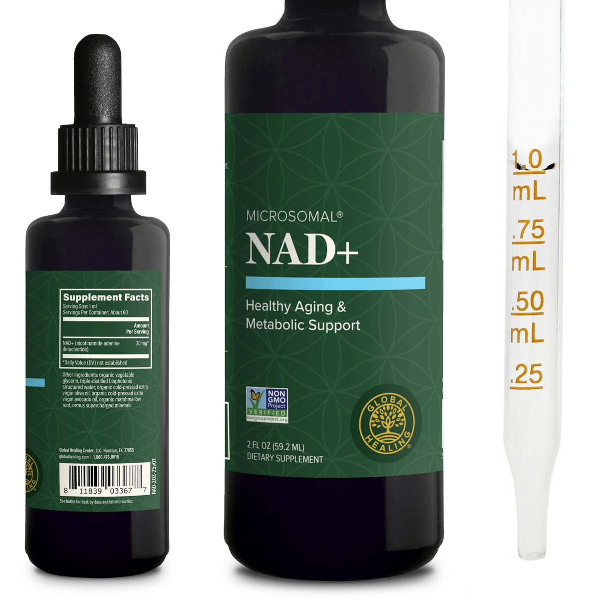 Two bottles of Microsomal NAD+ supplement with dropper and measuring device on a white background