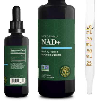 Two bottles of Microsomal NAD+ supplement with dropper and measuring device on a white background