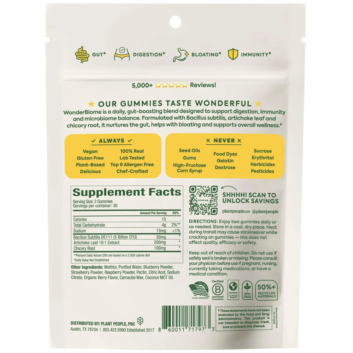 Plant People WonderBiome 2-in-1 Prebiotic + Probiotic Gummies – Zero-Sugar Vegan Digestive Health & Bloating Relief – 5 Billion CFU Bacillus Subtilis DE111 + Artichoke & Chicory – 60 Count Plant PeopleBuy Supplements Australia