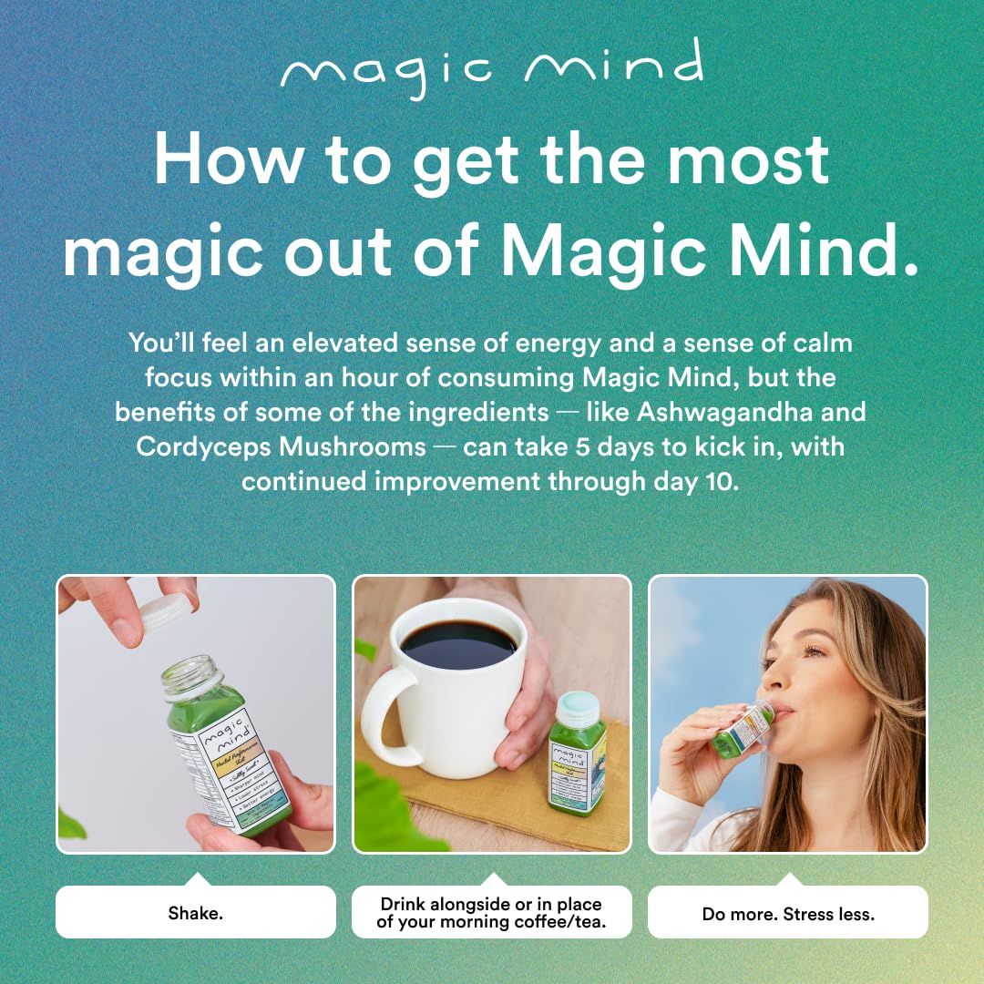 Magic Mind Energy And Focus Drink Shots - Stress Relieving, No Jitters, Ashwagandha, Vitamin B12, Vitamin C, Matcha Green Tea, Functional Mushrooms - 2 FL Oz (15 Pack) Magic MindBuy Supplements Australia