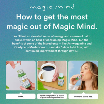 Magic Mind Energy And Focus Drink Shots - Stress Relieving, No Jitters, Ashwagandha, Vitamin B12, Vitamin C, Matcha Green Tea, Functional Mushrooms - 2 FL Oz (15 Pack) Magic MindBuy Supplements Australia