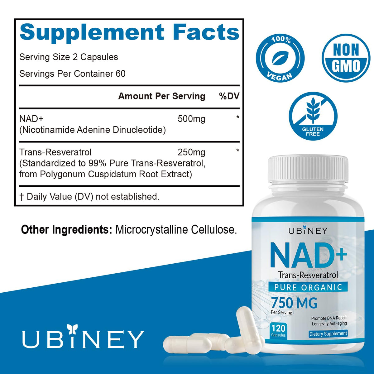 Ubiney NAD+ 750mg with Trans-Resveratrol – Pure Organic Nicotinamide Adenine Dinucleotide Supplement – DNA Repair, Cellular Energy, Anti-Aging Support – 120 Vegan Capsules, Non-GMO, Gluten-Free UbineyBuy Supplements Australia