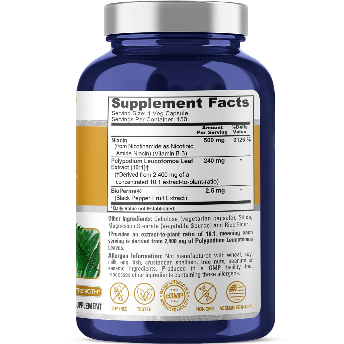 NusaPure Polypodium Nicotinamide 10:1 Extract, 240 mg Equivalent to 2,400 mg per Veg Caps - 150 Count (Non-GMO, Soyfree, Bioperine) NusaPureBuy Supplements Australia