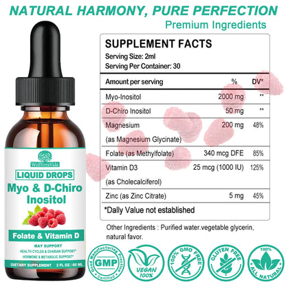 Myo Inositol & D-Chiro Inositol Supplement Liquid for Women- Ideal 40:1 Ratio Inositol Drops with MTHF Folate, Magnesium, Vitamin D, Supports Hormone Balance, Regular Cycles & Ovarian Health丨Vegan WellVeraVidaBuy Supplements Australia