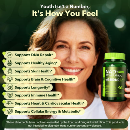 Nad Resveratrol Supplement 61800mg Per Bottle – Liposomal Nad+ Resveratrol for Women & Men – High Purity 1200mg Nad+ Supplement for Energy & Healthy Aging, Resveratrol, Quercetin, CoQ10 – 90 Counts VCBIRDBuy Supplements Australia
