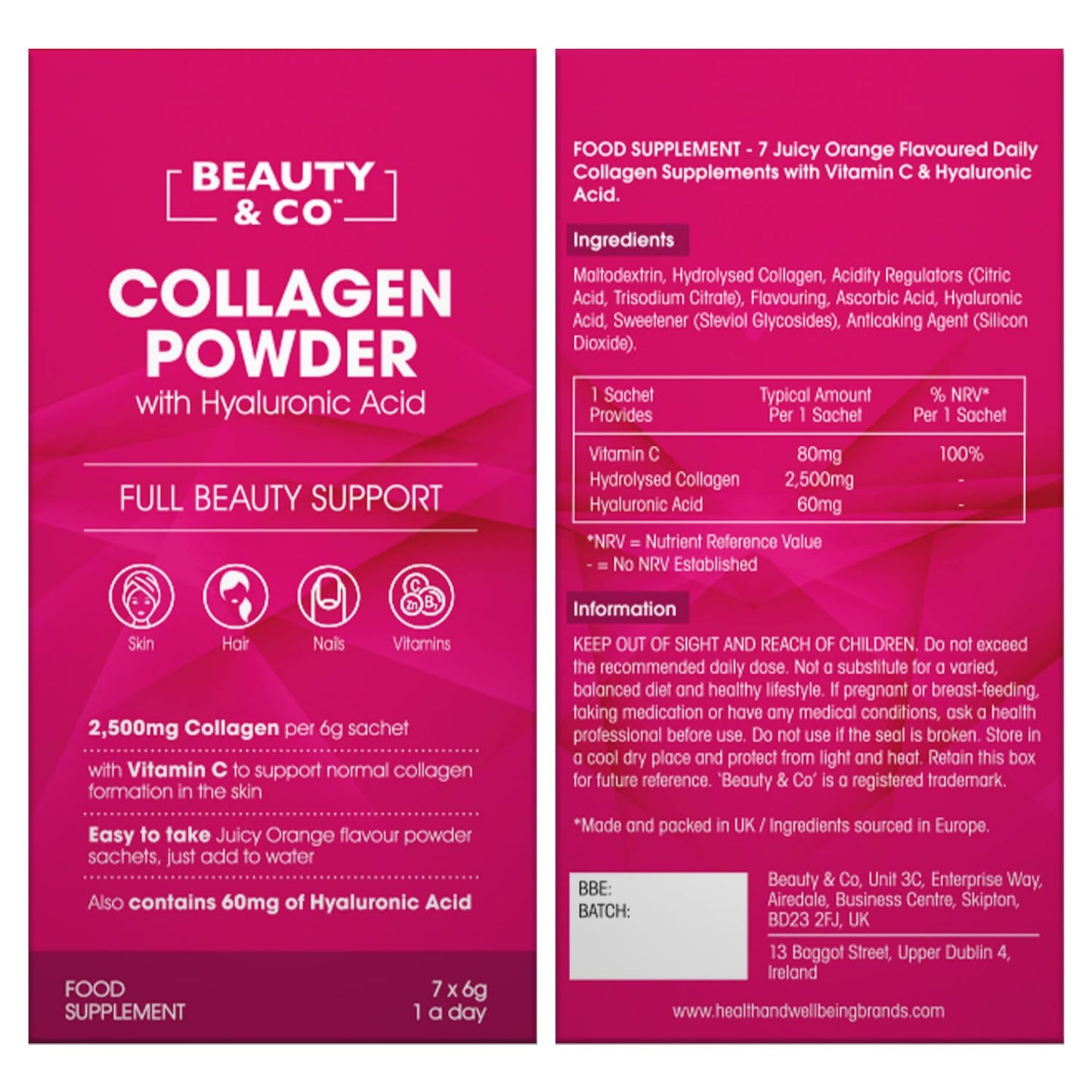 Collagen 2500mg Powder Supplement Boosted with Vitamin C and Hyaluronic Acid (Bovine) Beauty & CoBuy Supplements Australia