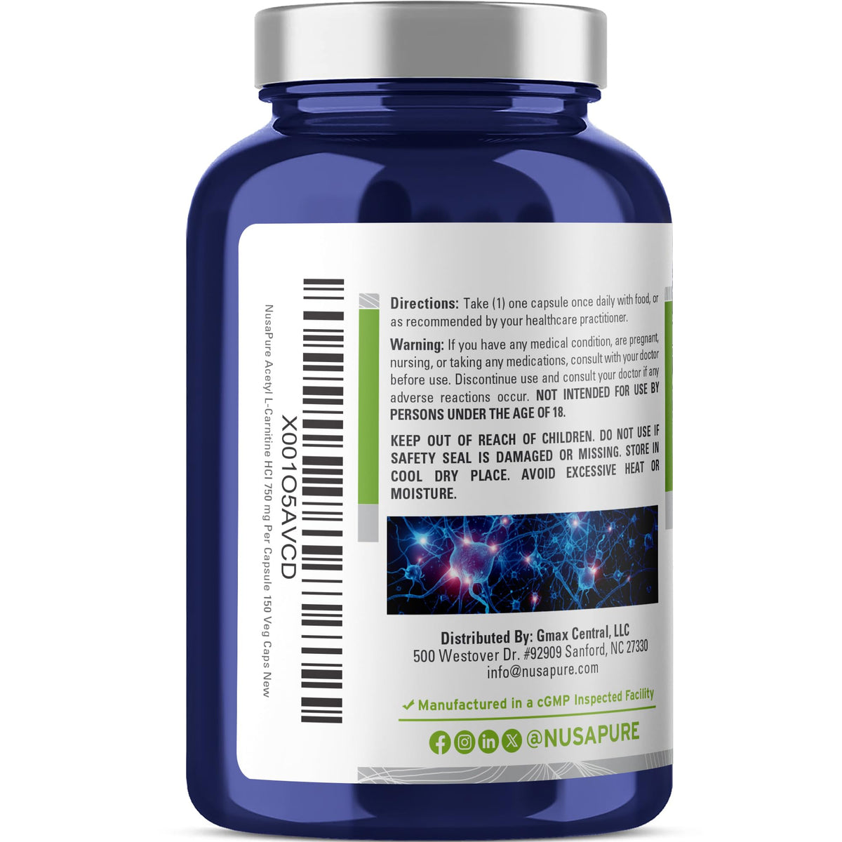 NusaPure Acetyl L-Carnitine 750mg per Caps 150 Veggie Capsules (Non-GMO, Vegan) High Potency Acetyl L Carnitine HCL (ALCAR) NusaPureBuy Supplements Australia