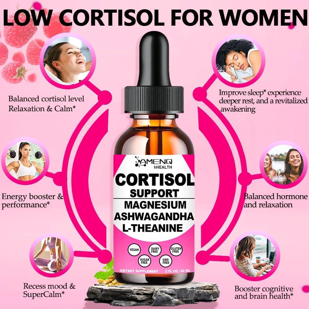 Cortisol Supplement Liquid Drops, 17-in-1 Cortisol Reducer w. Ksm-66 Ashwagandha Theanine Rhodiola Rosea Magnesium Phosphatidylserine, Hormone Balanced & Lower Cortisol for Women Calm* Relaxation AMENQ hHEALTHBuy Supplements Australia