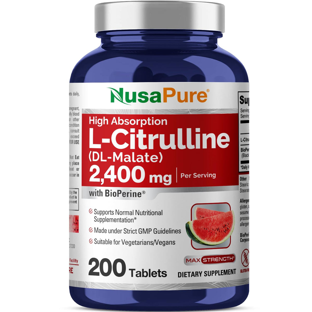 NusaPure L-Citrulline 2,400mg 200 Vegetarian Tablets (Non-GMO, Gluten Free, 100-Day Supply, Bioperine) NusaPureBuy Supplements Australia
