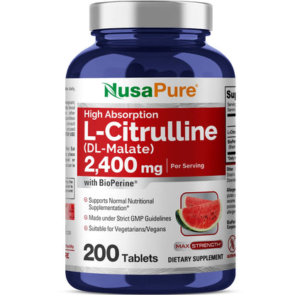 NusaPure L-Citrulline 2,400mg 200 Vegetarian Tablets (Non-GMO, Gluten Free, 100-Day Supply, Bioperine) NusaPureBuy Supplements Australia