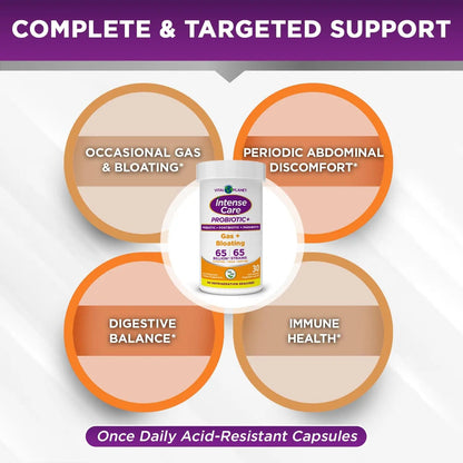 Vital Planet - Intense Care Gas & Bloating Probiotics Plus Organic Prebiotics, Postbiotics, Parabiotics, Complete 4-in-1 Supplement for Adults, 65 Billion CFU, 65 Strains, Digestive and Immune 30 ct Vital PlanetBuy Supplements Australia