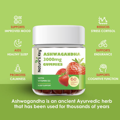 Nature's Key Ashwagandha Gummies, 3000mg High Potency Ashwagandha Root Extract with Vitamin D2, Stress, Calm Mood & Cognition, for Men & Women, Strawberry Flavor (60 Count (Pack of 1) Nature's KeyBuy Supplements Australia