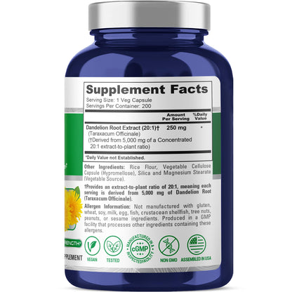 NusaPure Dandelion Root 20:1 Extract, 250 mg Equivalent to 5000mg 200 Veg Capsules (Vegan, Non-GMO) NusaPureBuy Supplements Australia