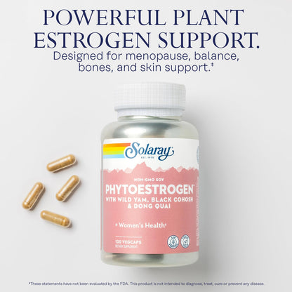 SOLARAY PhytoEstrogen Menopause Supplements - Wild Yam, Black Cohosh, and Dong Quai Estrogen Pills for Women's Health - Vegan, Lab Verified, 60-Day Guarantee (30 Servings, 120 VegCaps) SOLARAYBuy Supplements Australia