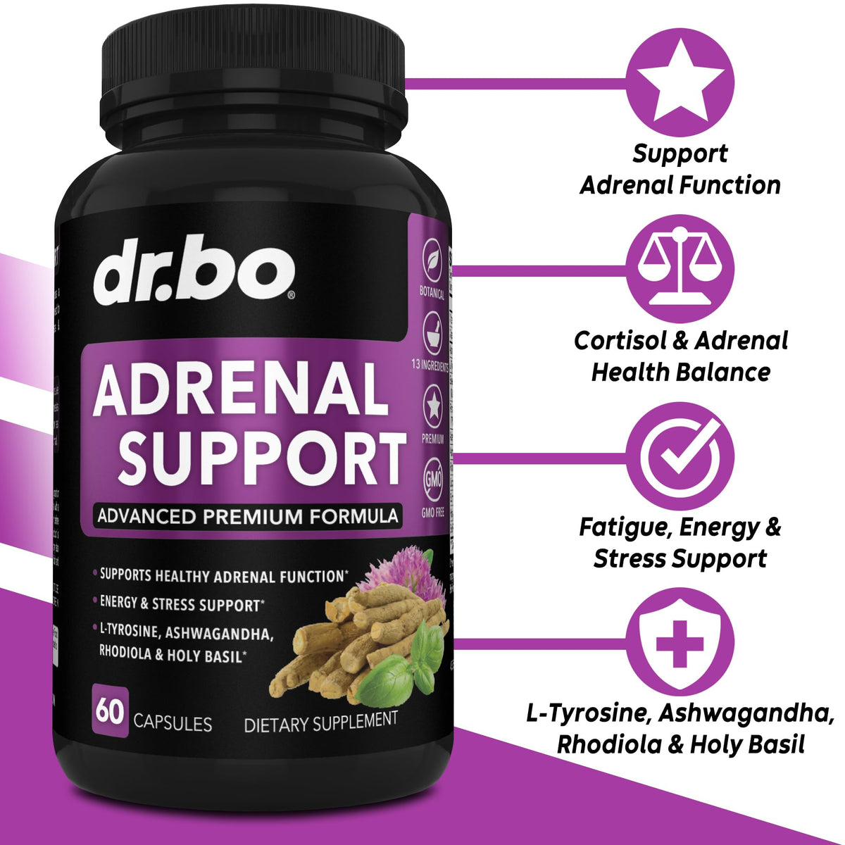 Adrenal Support Cortisol Manager Supplement - Adrenal Fatigue Supplements for Women & Men with Natural Adaptogen Ashwagandha Holy Basil Rhodiola L Tyrosine Complex Fatigue Cortisol Health - 60 Pills DR. BOBuy Supplements Australia