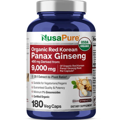 NusaPure Red Korean Panax Ginseng 20:1 Extract, 450 mg Equivalent to 9,000 mg 180 Veggie Caps (USDA Organic, Non-GMO, Vegan, Vegetarian, Bioperine) NusaPureBuy Supplements Australia