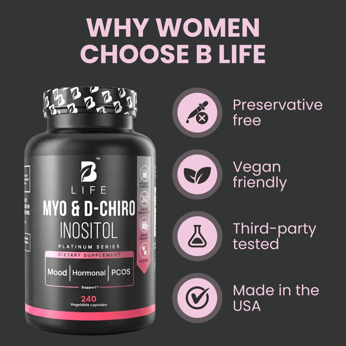 B Life Company Myo-Inositol & D-Chiro Inositol 40:1 for Women | I Inositol Supplement for Women | Hormone Balance, Fertility & Cycle | Vitamin B8, Insulin & Flo Ovarian Support | 240 Caps B Life CompanyBuy Supplements Australia