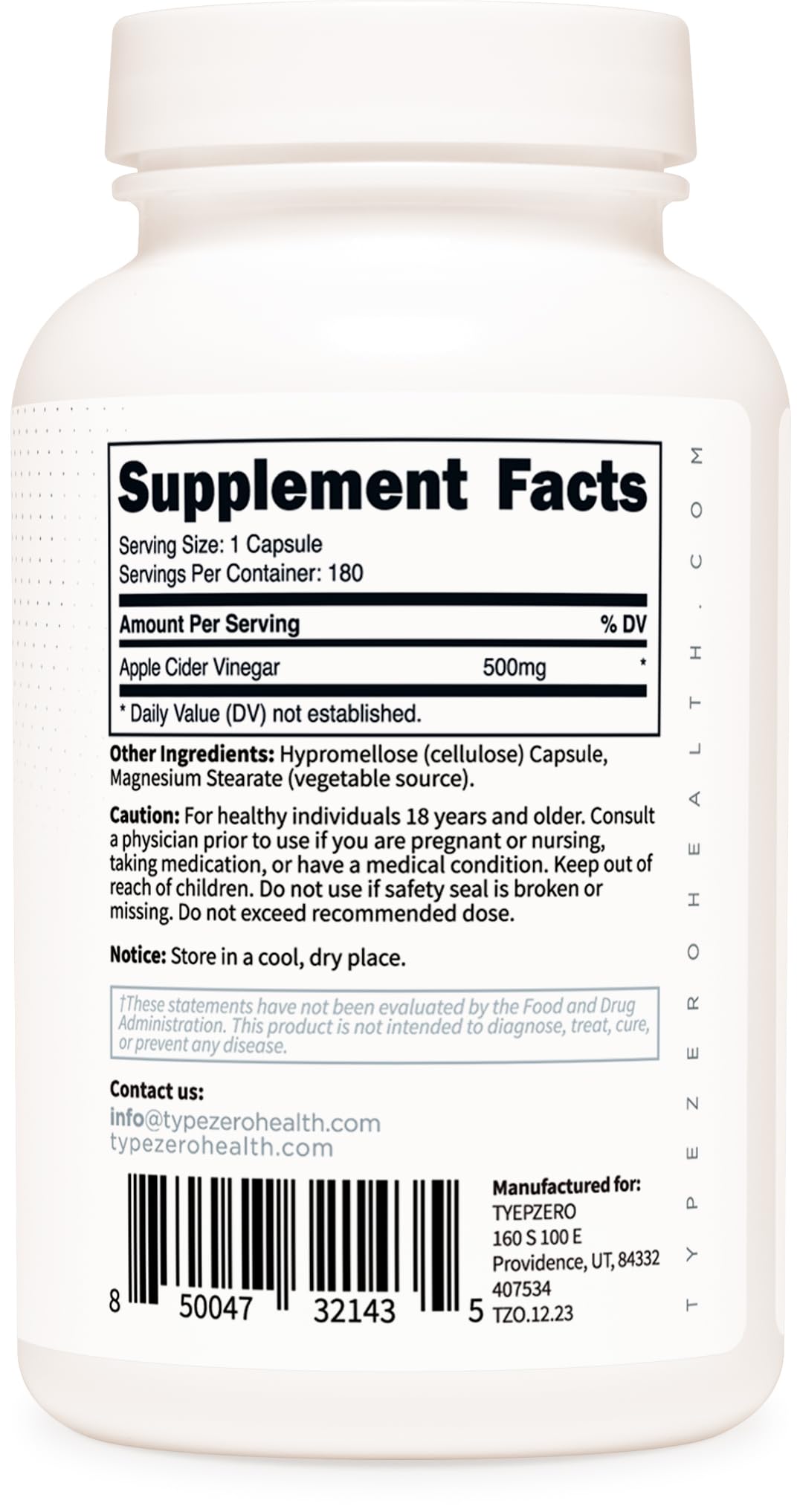 Type Zero Apple Cider Vinegar Capsules (180 Count) 500mg Per Serving - Non-GMO, Gluten-Free Supplement Type ZeroBuy Supplements Australia