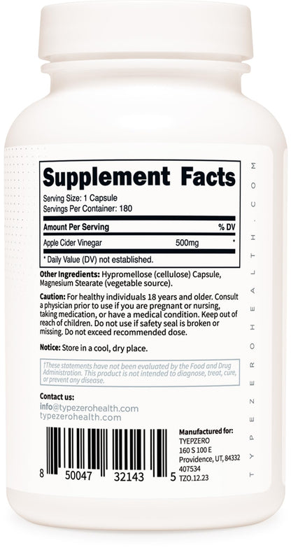 Type Zero Apple Cider Vinegar Capsules (180 Count) 500mg Per Serving - Non-GMO, Gluten-Free Supplement Type ZeroBuy Supplements Australia