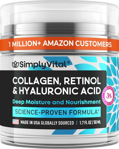 Anti-Aging Face Moisturizer with Retinol, Collagen & Hyaluronic Acid - Made in USA - Moisturizer Face Cream for Women & Men - Firming & Hydrating Neck Cream - Day & Night Skin Care - 1.7 fl oz SimplyVital buy supplements Au
