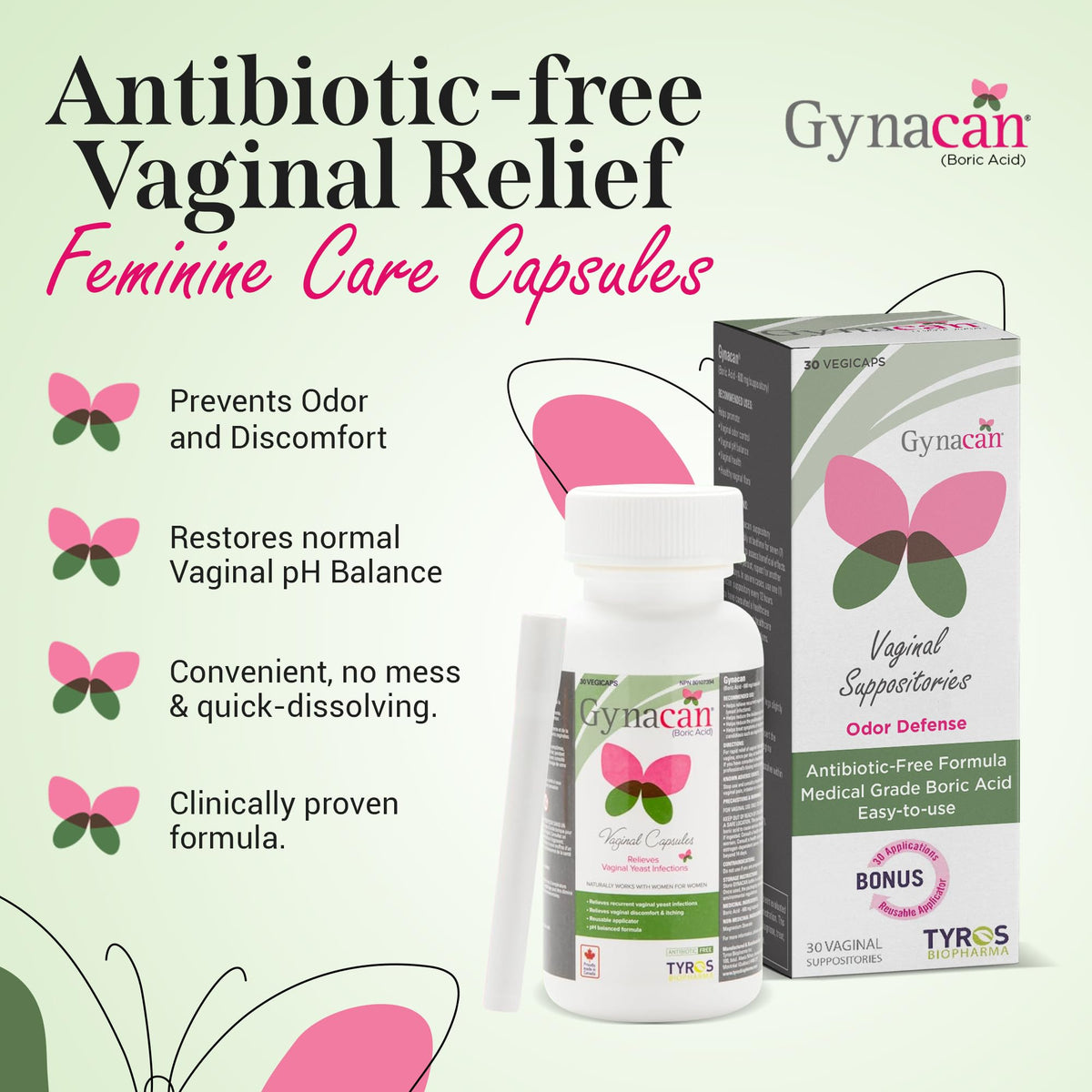 Gynacan Boric Acid Suppositories for Women - pH Balance Vaginal Treatment for Women Odor Prevention, Pure Formula, No-Mess Applicator, Gentle & Effective GynacanBuy Supplements Australia
