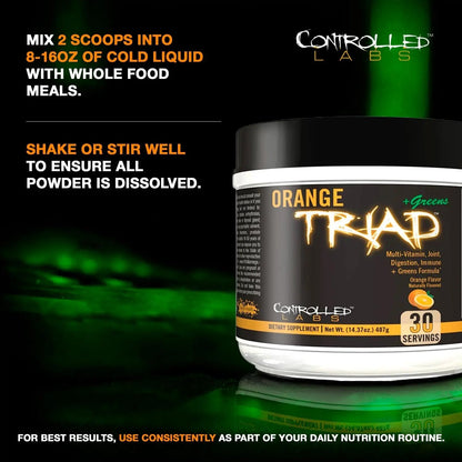 CONTROLLED LABS Orange Triad Plus Greens for Men and Women, 30 Servings Iron Free Sports Supplement for Overall Health CONTROLLED LABS