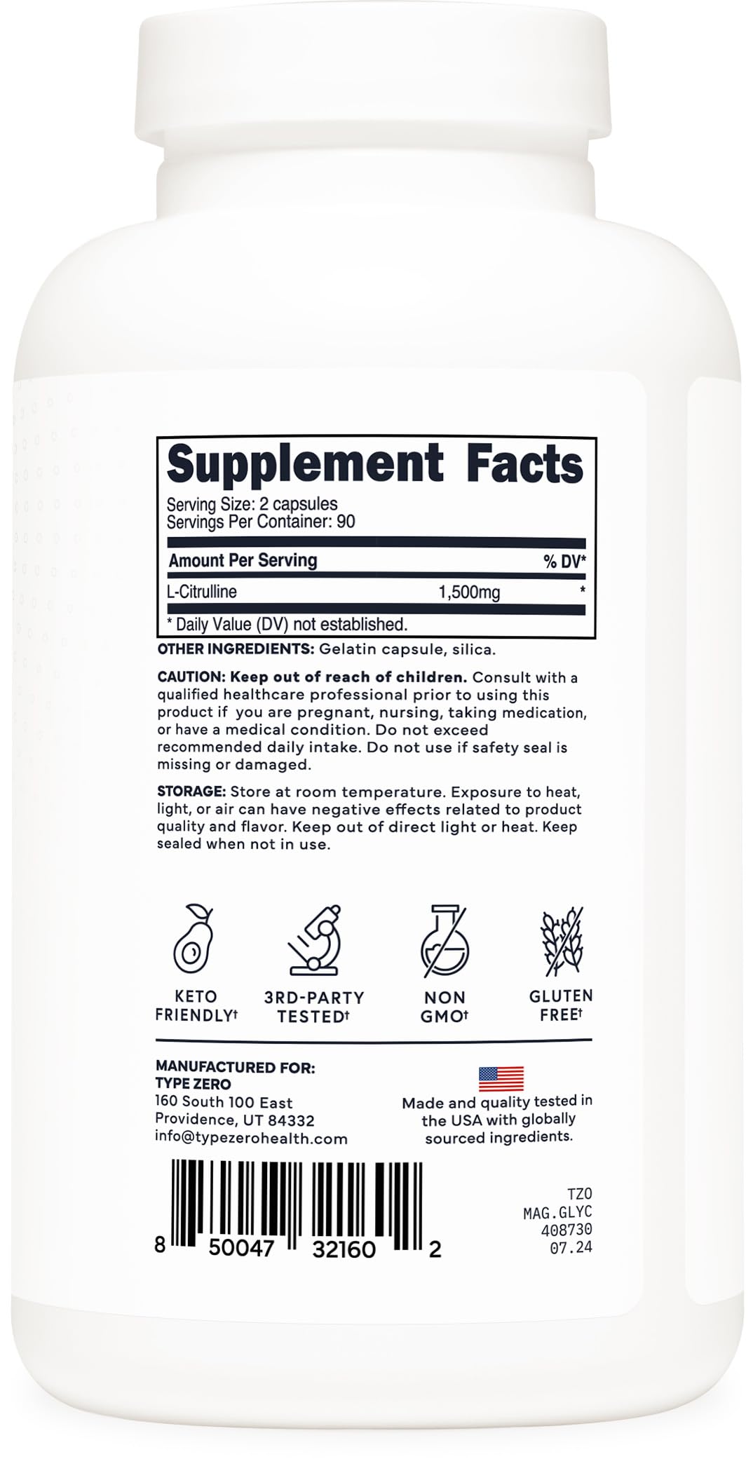 Type Zero L-Citrulline Capsules (180 Capsules) (1500 mg per Serving) - GMO-Free Type ZeroBuy Supplements Australia