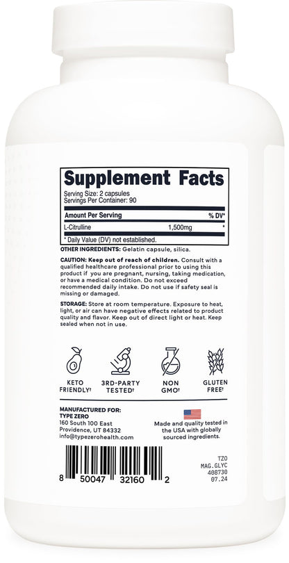 Type Zero L-Citrulline Capsules (180 Capsules) (1500 mg per Serving) - GMO-Free Type ZeroBuy Supplements Australia