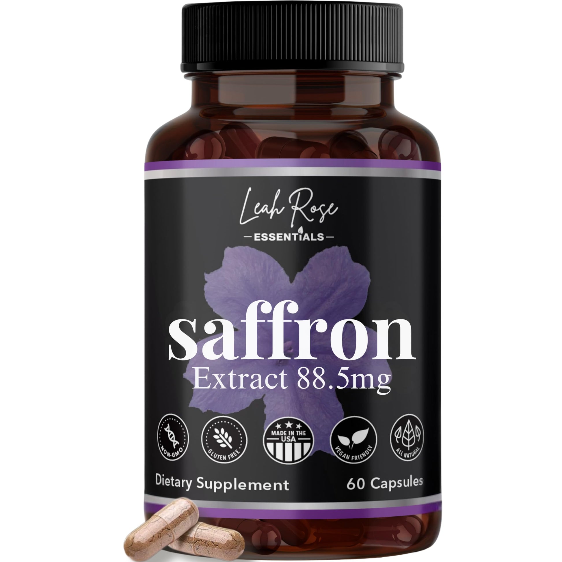 Leah Rose Essentials Saffron Supplement 88.5mg | Mood, Focus, and Stress Support | 60 Premium Saffron Extract Capsules | Made in the USA | 3rd Party Lab Tested | Non-GMO, Vegan, Gluten-Free Leah Rose Essentials buy supplements Au