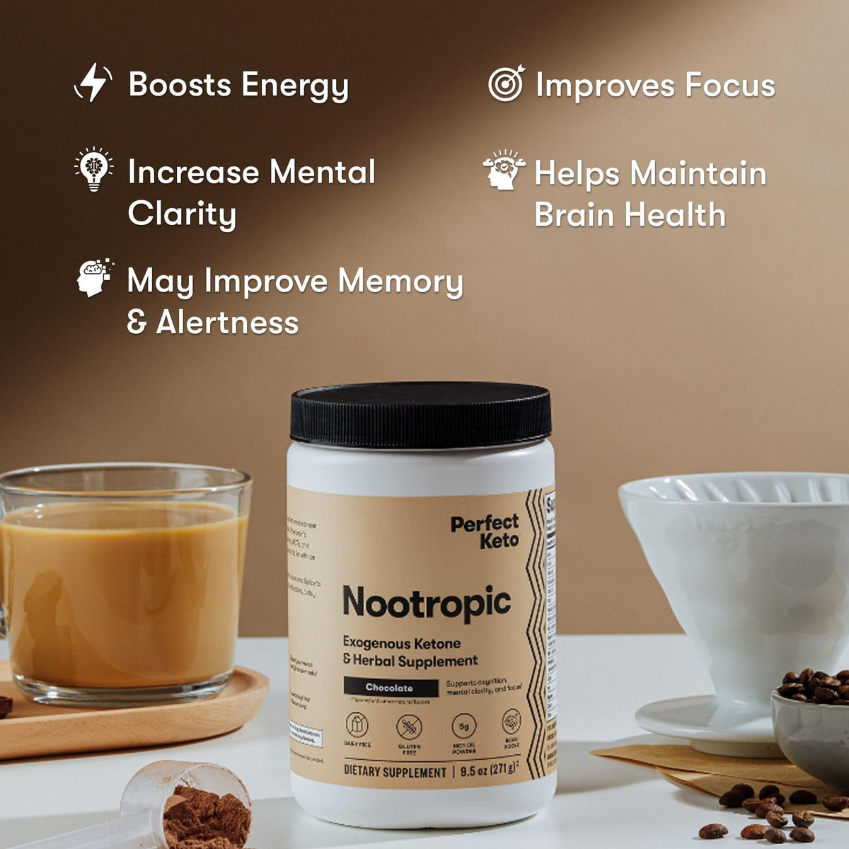 Perfect Keto Nootropic Brain Support, Caffeine Free Focus and Energy Supplement with Alpha Lipoic Acid, L Theanine, Ginkgo Biloba, Alpha GPC, MCT's, Collagen, Ketones, Chocolate Drink Mix, 15 Servings Perfect KetoBuy Supplements Australia