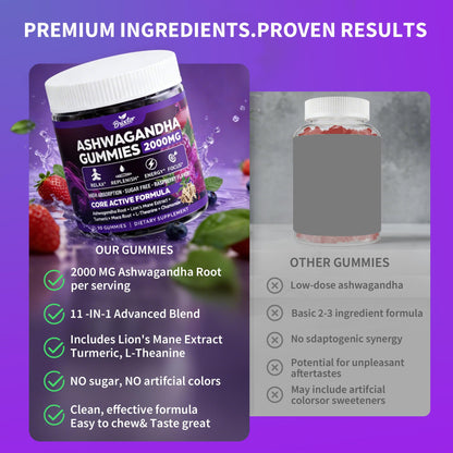 Ashwagandha Gummies - 2000MG Organic Ashwagandha & Lions Mane Gummies for Adults with Vitamin D3 B12, L-Theanine, Cortisol Supplements for Women & Men, Sugar-Free, Vegan, Berry Flavor - 90 Counts BrixxlorBuy Supplements Australia