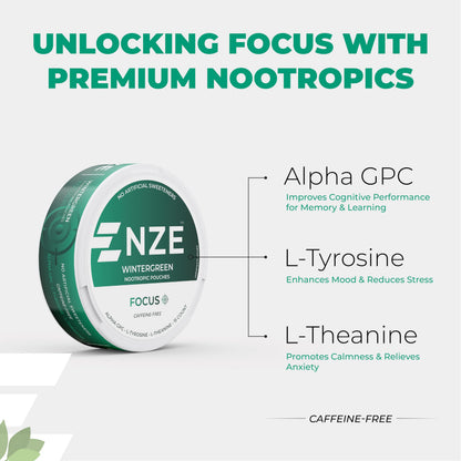 NZE Caffeine Free Nootropic Pouches (Wintergreen) - Nootropic Pouches with Alpha GPC, L-Tyrosine & L-Theanine - No Sugar or Artificial Sweeteners - 15 Pouches Per Can - 5 Pack NZEBuy Supplements Australia