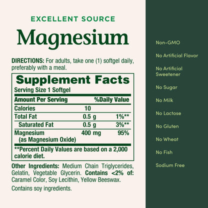 Nature's Bounty Magnesium 400 mg Softgel, Whole Body Support, Magnesium Supplements for Men and Women, Heart, Nerve & Bone Health, 75 Softgels (Pack of 1) Nature's BountyBuy Supplements Australia