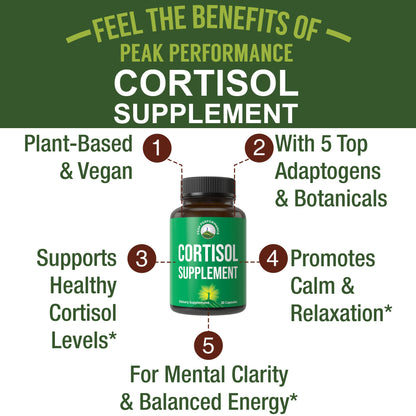 5-in-1 Cortisol Supplement for Women & Men. Lower High Cortisol with Ashwagandha, Rhodiola Rosea, L-Theanine, Phosphatidylserine, Magnolia Bark. Calm Relaxation, Balanced Energy, Vegan Supplements Peak PerformanceBuy Supplements Australia