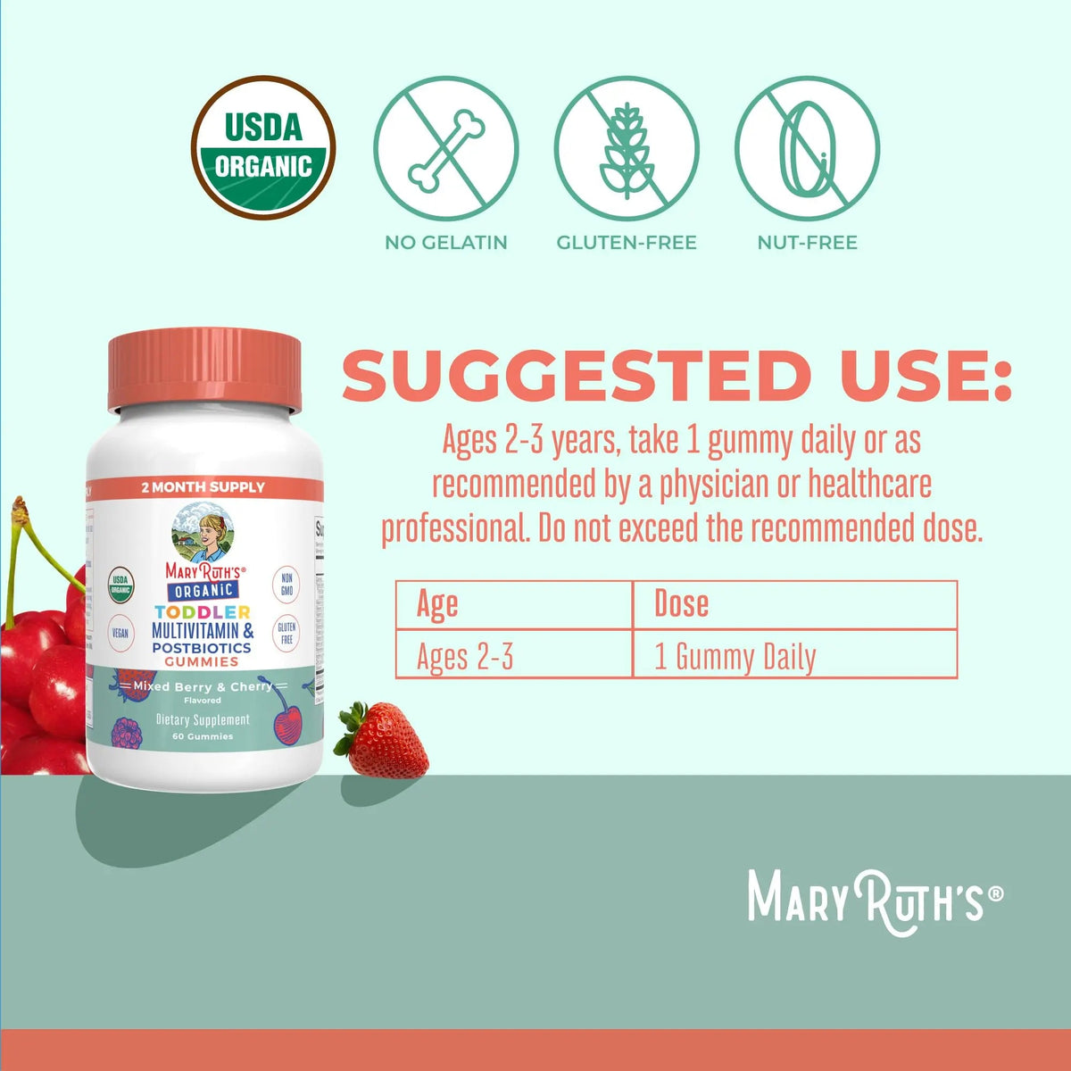 MaryRuth Organics Toddler Multivitamin Gummies + Postbiotics | USDA Organic | Vitamins for Kids Ages 2+ | Immune Support | Vitamin C | Vitamin D3 | Vitamin A | Zinc | Vegan | Non-GMO | 60 Servings MARYRUTH'SBuy Supplements Australia