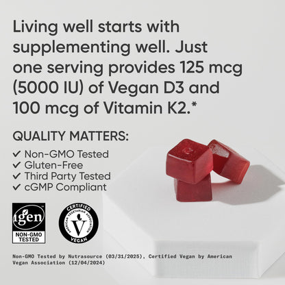 Sports Research® Vegan Vitamin D3 + K2 Sugar-Free Gummies - 125mcg (5000iu) Vitamin D w/ 100mcg Mk7 Vitamin K - Supports Bone & Immune Health