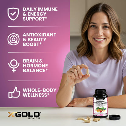 Vegan Women's Daily Multivitamin 50 Plus with Organic WholeFood Based Natural Ingredients, Ginger, Maca, Multi-Vitamin B Complex & More X Gold HealthBuy Supplements Australia