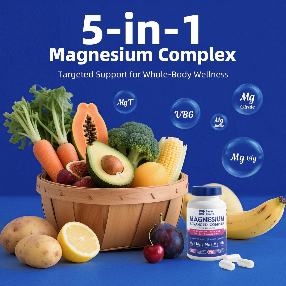 5 in 1 Magnesium Complex Capsule 976mg wtih Magnesium Glycinate, Citrate, Malate, L-Threonate & Vitamin B6, High Absorption Magnesium Complex for Women & Men, Third-Party Tested, Vegan, Non-GMO Sound Health PlusBuy Supplements Australia
