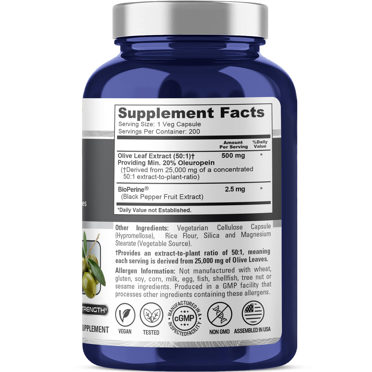 NusaPure Olive Leaf 20% Oleuropein 50:1 Extract, 500 mg Equivalent to 25,000 mg 200 Veg Caps Suitable for Vegetarians and Vegans, Non-GMO NusaPureBuy Supplements Australia