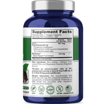 NusaPure Fo-Ti 30:1 Extract, 167 mg Equivalent to 5000mg per Veg Caps, 200 Count, Non-GMO, Vegan, Bioperine NusaPureBuy Supplements Australia