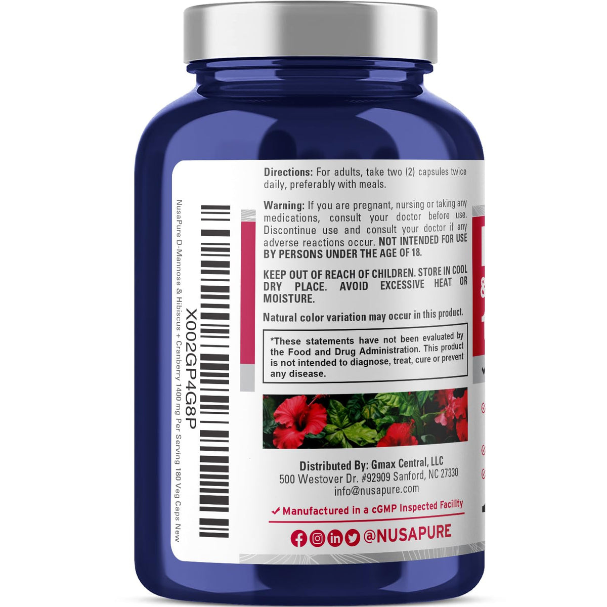 NusaPure D-Mannose Complex 1400 mg (with Hibiscus and Cranberry) - 180 Veggie Caps Non-GMO & Vegan NusaPureBuy Supplements Australia