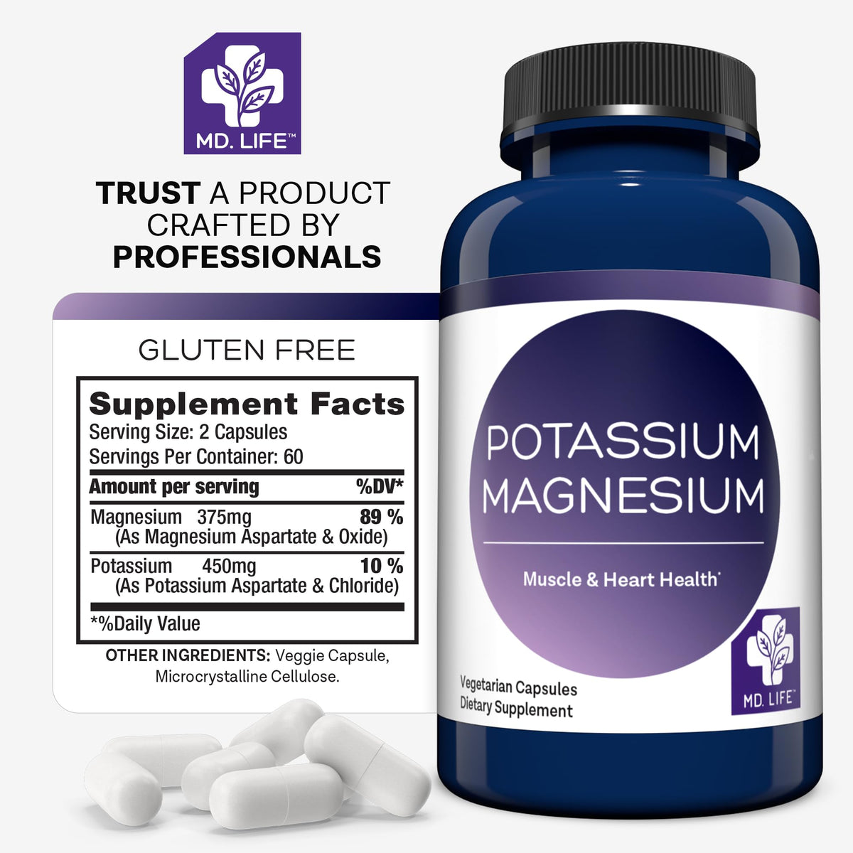 MD. Life Potassium Magnesium Supplement - 30 Capsules - High Absorption Magnesium Complex - Potassium Supplement to Support Vascular Health & Leg Cramp MD.LIFEBuy Supplements Australia