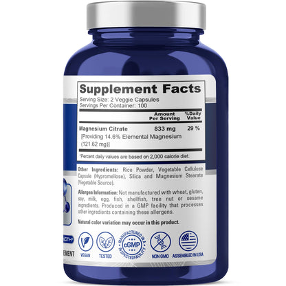 NusaPure Magnesium Citrate 833mg - 200 Veggie Capsules (Vegetarian, Non-GMO, Vegan) NusaPureBuy Supplements Australia